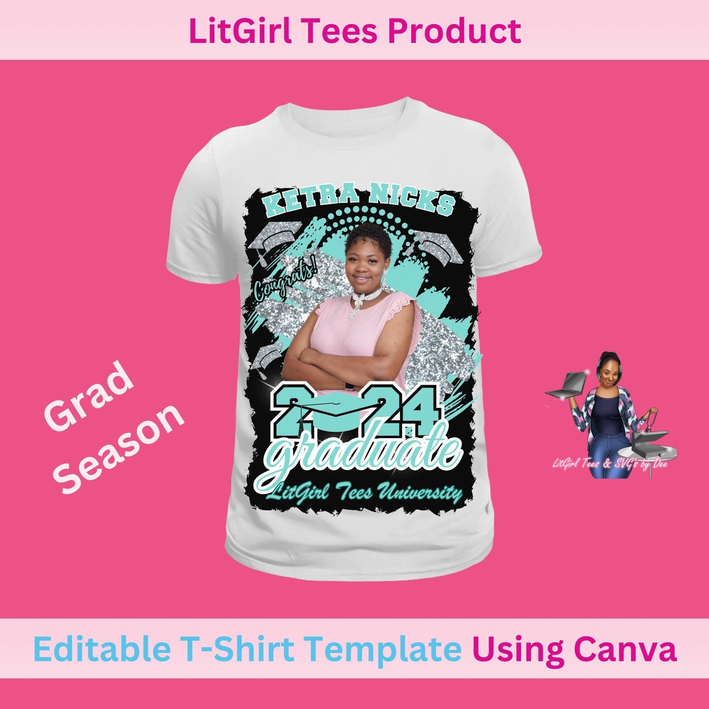 Graduation Senior Tshirt Template. Color Cyan. Graduation Template. Canva Editable Link Included.